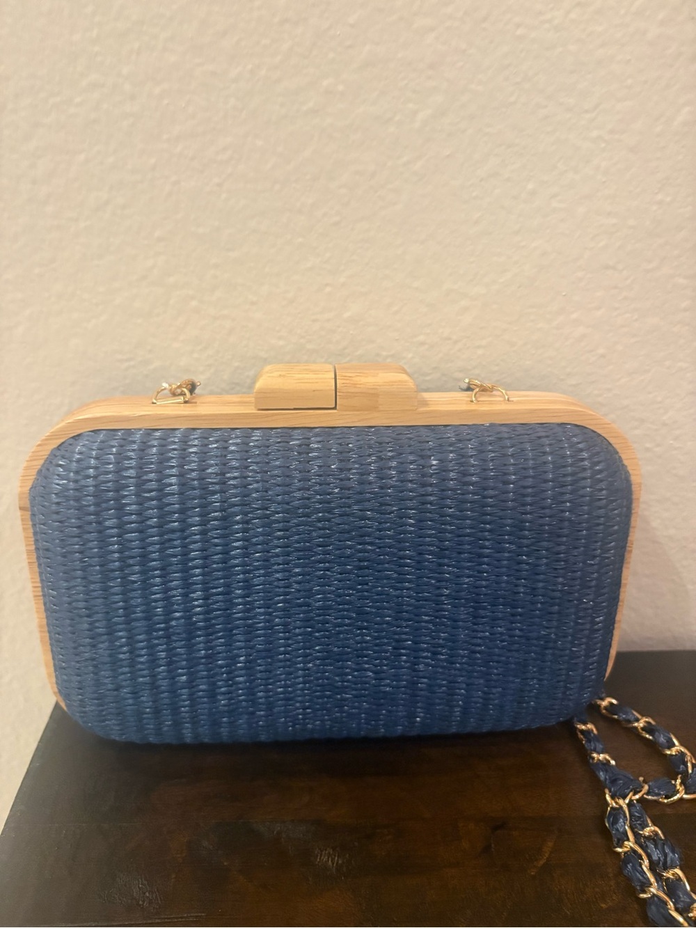 Tommy Bahama Navy Woven Box Clutch with Gold Chain - Picture 2 of 4